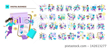 Digital business vector illustration set with people analyzing sales charts, managing online marketing, launching products, using mobile apps, AI tools, and ecommerce dashboards Digital business vector illustration set with people analyzing sales charts, managing online marketing, launching products, using mobile apps, AI tools, and ecommerce dashboards 142613277