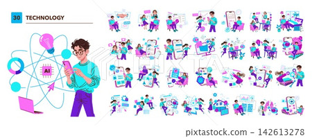 Technology vector illustration set with people using smartphone apps, online services, AI tools, fintech, cloud, security, remote work, analytics, smart home and digital learning Technology vector illustration set with people using smartphone apps, online services, AI tools, fintech, cloud, security, remote work, analytics, smart home and digital learning 142613278