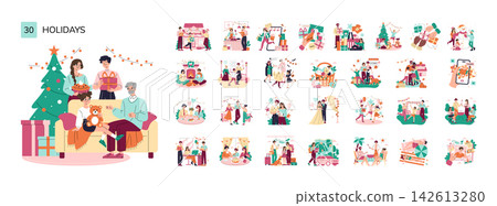 Holiday themed vector illustration set with family celebrating Christmas, exchanging gifts, relaxing at home, shopping, dining, traveling, and enjoying seasonal events and parties Holiday themed vector illustration set with family celebrating Christmas, exchanging gifts, relaxing at home, shopping, dining, traveling, and enjoying seasonal events and parties 142613280