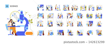 Science research vector illustration set with scientists working in laboratory scenes using microscope, analyzing DNA, studying chemistry, technology, biology, education and innovation Science research vector illustration set with scientists working in laboratory scenes using microscope, analyzing DNA, studying chemistry, technology, biology, education and innovation 142613299