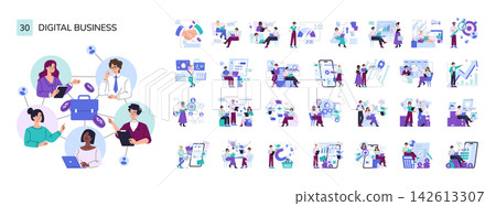 Digital business vector illustration set with team members collaborating, analyzing data, planning strategy, managing finance, communication, growth, mobile tools, and online workflow Digital business vector illustration set with team members collaborating, analyzing data, planning strategy, managing finance, communication, growth, mobile tools, and online workflow 142613307