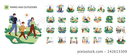Parks and outdoors vector illustration set with hikers walking with backpacks, picnic scenes, cycling, reading, yoga, dog walking, beach, leisure and recreation activities Parks and outdoors vector illustration set with hikers walking with backpacks, picnic scenes, cycling, reading, yoga, dog walking, beach, leisure and recreation activities 142613309