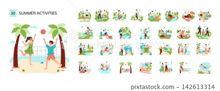 Summer activities set vector illustration with people playing beach volleyball, cycling, walking, picnicking, traveling, relaxing on the beach and enjoying outdoor leisure time Summer activities set vector illustration with people playing beach volleyball, cycling, walking, picnicking, traveling, relaxing on the beach and enjoying outdoor leisure time 142613314