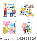 Vector illustrations depicting education and financial literacy concepts. Scenes include AR in education, online learning platforms, financial literacy for adults, and learning through travel. 142613326