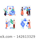 Colorful vector illustrations depicting real estate transactions, home painting by a couple, customer consultation in a tech store, and a plumber working. Characters engage in various activities 142613329