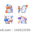 Vector illustration set depicting various digital transactions and online shopping scenes. Includes payment processing, tax payments, online purchases, and financial transfers, showcasing digital 142613330