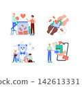 Vector illustration set depicting charity and online shopping activities. Scenes include people donating to charity jars, exchanging gifts online, and buying toys for children in need. 142613331