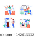 Vector illustration set depicting e-commerce activities. People use digital devices to shop, track, and receive deliveries. Illustrations show online shopping, delivery tracking, and receiving 142613332