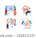 Vector illustration of business scenarios including team collaboration on a report, email marketing setup, target analysis, and a handshake representing successful agreement. 142613337