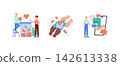 Vector illustration depicting people placing coins in a jar, hands holding a heart and money, and online shopping with gift bags. Themes of charity, donations, and e-commerce. 142613338