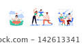 Vector illustration depicting wellness activities. Meditation with serene expression, group fitness with cooperative engagement, and coffee chat highlighting social connection. 142613341