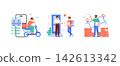 Vector illustration depicting a delivery process. A courier on a scooter, a package handover, and logistics planning are shown, highlighting modern delivery and operations. 142613342