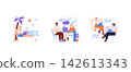 Vector illustration showcasing three remote work scenarios featuring individuals using laptops in different settings. Depicts work from beach, meeting, and virtual collaboration. 142613343