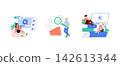 Vector illustration depicting students engaged in online learning activities. Includes watching educational videos, checking assignments, and studying on large stacks of books representing digital 142613344