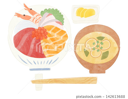 Watercolor-style illustration of a seafood rice bowl and miso soup. Watercolor-style illustration of a seafood rice bowl and miso soup. 142613688