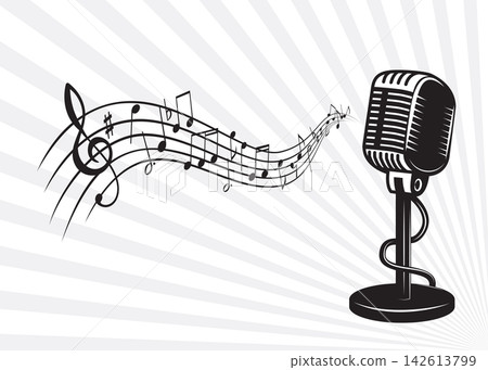 Retro Microphone with Flowing Musical Notes Stock Illustration Retro Microphone with Flowing Musical Notes Stock Illustration 142613799