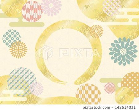 An elegant golden circular Japanese-style frame background featuring traditional Japanese patterns and chrysanthemum flowers. An elegant golden circular Japanese-style frame background featuring traditional Japanese patterns and chrysanthemum flowers. 142614031