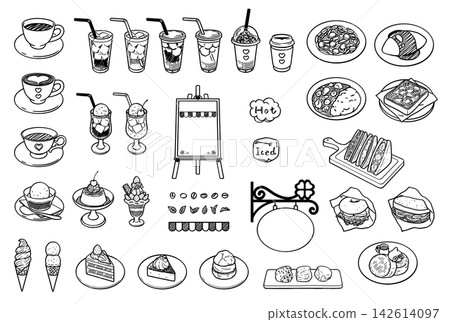 Black and white line art icons that could be used in a cafe 142614097