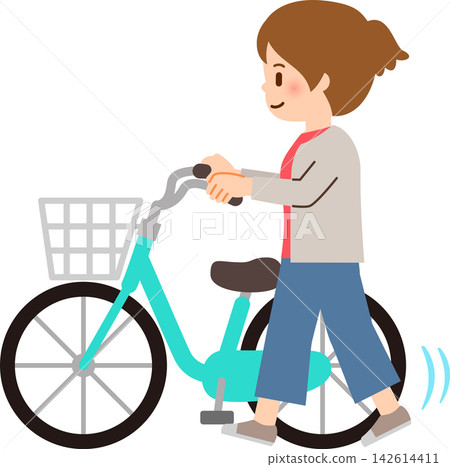 年輕女子推著自行車，走 142614411