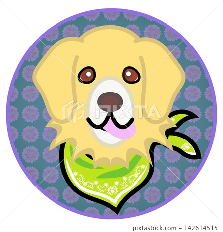 以圓形為背景的金毛犬臉部插圖。 142614515