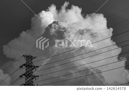 夏日傍晚的高壓輸電線路和雲層。黑白照片。 142614578