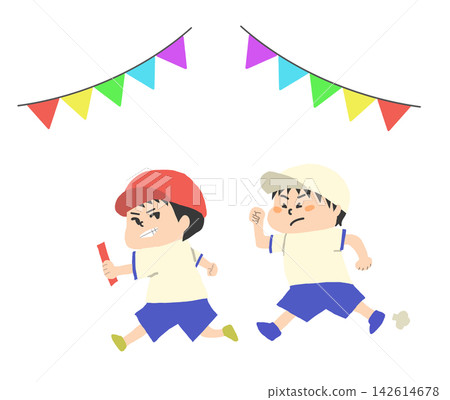A simple and cute illustration of children participating in a relay race at a school sports day. A simple and cute illustration of children participating in a relay race at a school sports day. 142614678