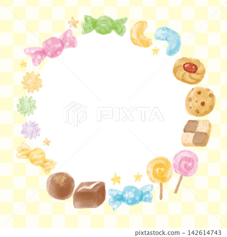 A square background with cute watercolor-style sweets arranged in a circle. A square background with cute watercolor-style sweets arranged in a circle. 142614743