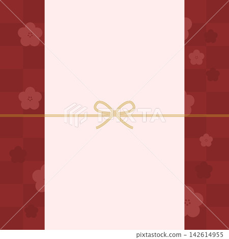 An elegant noshi paper-style background featuring a red checkered pattern and a golden bowknot mizuhiki (decorative cord). 142614955