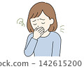 A woman covers her mouth due to nausea and feeling sick. 142615200