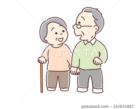 An elderly couple walks hand in hand; elderly care for each other. An elderly couple walks hand in hand; elderly care for each other. 142615887