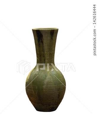 Vintage ceramic vase with rounded base and narrow neck featuring natural earthy glaze and worn texture isolated on white background. Vintage ceramic vase with rounded base and narrow neck featuring natural earthy glaze and worn texture isolated on white background. 142616444