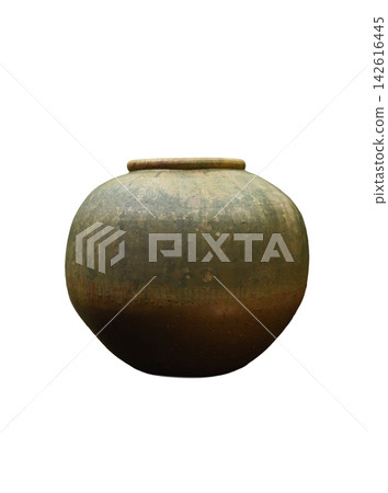 Large round rustic clay pot with weathered textured surface and earthy natural tones for traditional storage or decoration. Large round rustic clay pot with weathered textured surface and earthy natural tones for traditional storage or decoration. 142616445