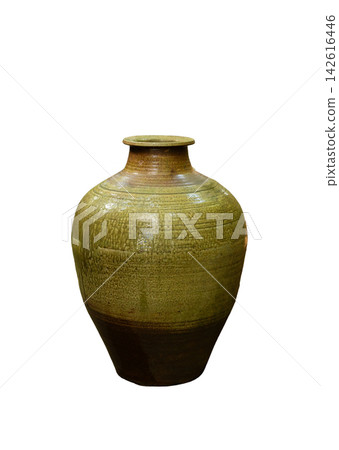 Handmade ceramic vase with rounded body earthy brown and green glaze textured surface craft pottery art piece. Handmade ceramic vase with rounded body earthy brown and green glaze textured surface craft pottery art piece. 142616446