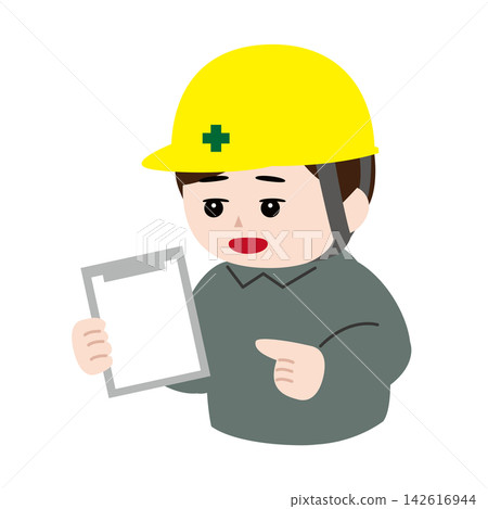 插圖描繪了一位身穿灰色工作服、頭戴黃色頭盔(頭盔上有綠色十字)的檢查員,他微笑著解釋著什麼。 插圖描繪了一位身穿灰色工作服、頭戴黃色頭盔(頭盔上有綠色十字)的檢查員,他微笑著解釋著什麼。 142616944