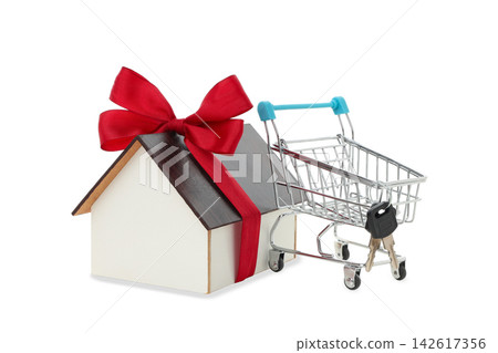 Miniature house with a bow and shopping cart symbolizes budget-friendly home buying, PNG Miniature house with a bow and shopping cart symbolizes budget-friendly home buying, PNG 142617356