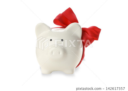 Charming piggy bank with red bow showcases saving money and financial planning concept, PNG Charming piggy bank with red bow showcases saving money and financial planning concept, PNG 142617357