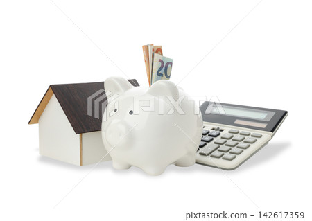 Piggy bank sits next to calculator and model house, representing savings journey, PNG Piggy bank sits next to calculator and model house, representing savings journey, PNG 142617359
