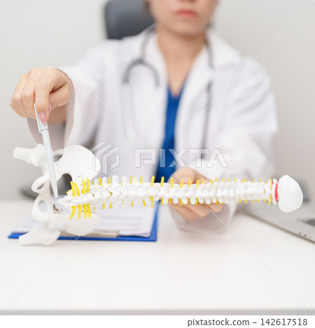 Doctor with human Spine anatomy model. Spinal Cord Disorder and disease, Back pain, Lumbar, Sacral pelvis, Cervical neck, Thoracic, Coccyx, Orthopedist, chiropractic, Office Syndrome and health Doctor with human Spine anatomy model. Spinal Cord Disorder and disease, Back pain, Lumbar, Sacral pelvis, Cervical neck, Thoracic, Coccyx, Orthopedist, chiropractic, Office Syndrome and health 142617518