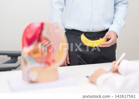 Male Reproductive System anatomy and Banana. Male Impotence consultation, Prostate Cancer, Enlarged prostate, Prostatitis disease, Infertility, Erectile dysfunction, Penis and genital disorder Male Reproductive System anatomy and Banana. Male Impotence consultation, Prostate Cancer, Enlarged prostate, Prostatitis disease, Infertility, Erectile dysfunction, Penis and genital disorder 142617561