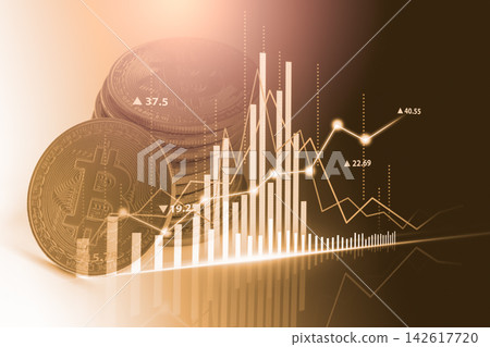 Modern way of exchange. Bitcoin is convenient payment in global economy market. Virtual digital currency and financial investment trade concept. Abstract cryptocurrency with gold bitcoin background. Modern way of exchange. Bitcoin is convenient payment in global economy market. Virtual digital currency and financial investment trade concept. Abstract cryptocurrency with gold bitcoin background. 142617720