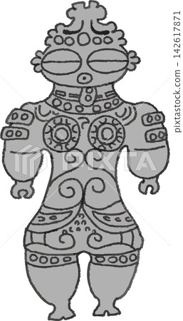 Hand-drawn style black and white illustration of a Jomon period clay figurine (Jomon period, ruins, excavated artifacts, archaeology, Japanese history, ancient, monochrome, line drawing, Bek 142617871