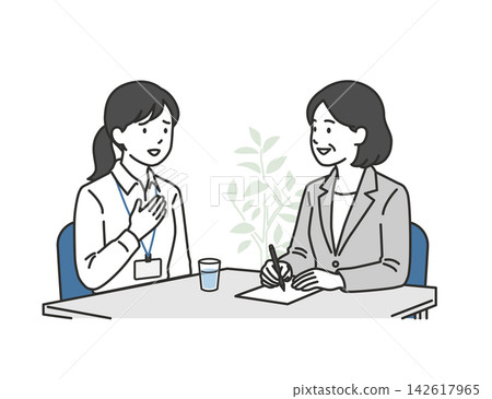 An illustration of a female employee consulting with a counselor at the company's internal consultation desk about customer harassment and other problems. An illustration of a female employee consulting with a counselor at the company's internal consultation desk about customer harassment and other problems. 142617965