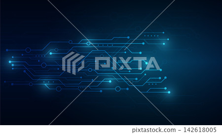 Abstract glowing blue circuit board traces and networking data nodes on dark futuristic digital technology background vector illustration Abstract glowing blue circuit board traces and networking data nodes on dark futuristic digital technology background vector illustration 142618005