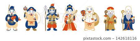 A cute illustration of the Seven Lucky Gods lined up with smiles on their faces. A cute illustration of the Seven Lucky Gods lined up with smiles on their faces. 142618116
