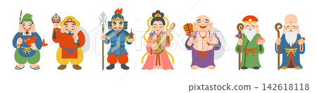 一幅簡單的插圖,描繪了七福神面帶微笑地排成一列。 一幅簡單的插圖,描繪了七福神面帶微笑地排成一列。 142618118