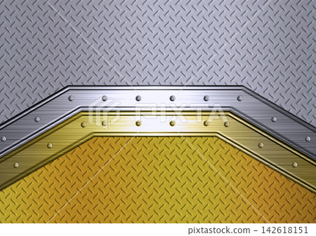 Luxurious abstract background with silver and gold metal plates and rivet frame. Luxurious abstract background with silver and gold metal plates and rivet frame. 142618151