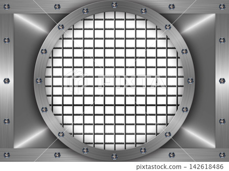 High-quality abstract background with a circular bolted metal frame and wire mesh. High-quality abstract background with a circular bolted metal frame and wire mesh. 142618486