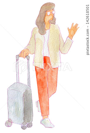 Watercolor illustration, hand-drawn illustration, person illustration, woman with a suitcase Watercolor illustration, hand-drawn illustration, person illustration, woman with a suitcase 142618501