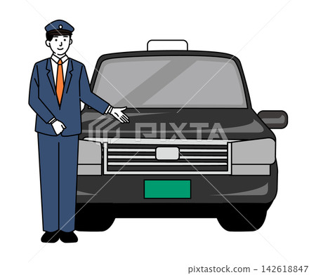 一名年輕的男司機站在計程車前面。 一名年輕的男司機站在計程車前面。 142618847