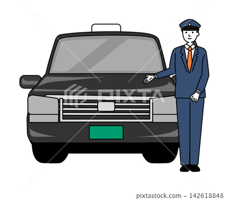 一位年輕的女司機站在計程車前面。 一位年輕的女司機站在計程車前面。 142618848
